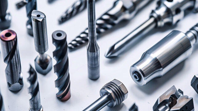 A collection of specialized CNC milling and drilling tools made of sintered carbide, presented on a white texture background for contrast