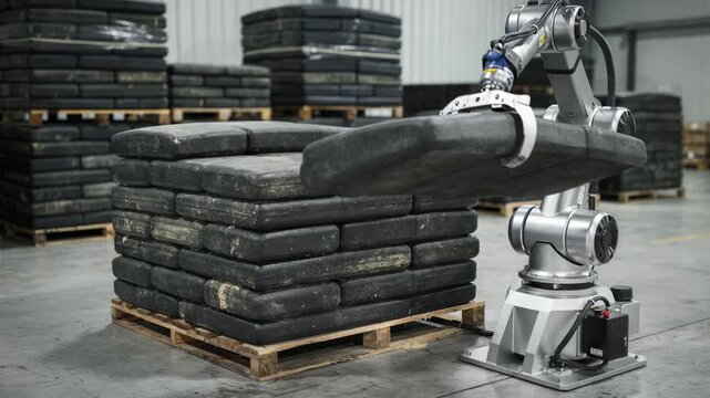 Medium shot of a robotic arm precisely stacking rubber bales in a warehouse showcasing automated bale handling with smooth mechanical efficiency