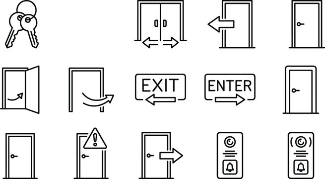 Line art collection of keys and door symbols including signs for exit enter opening directions and security.