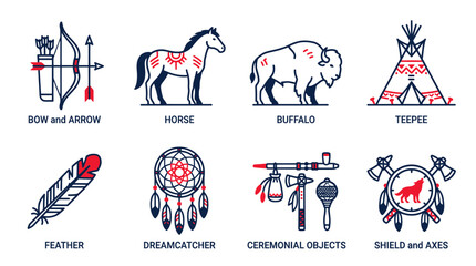 Native American Icons: Buffalo, Horse, Teepee, Dreamcatcher, Bow and Arrow © jami