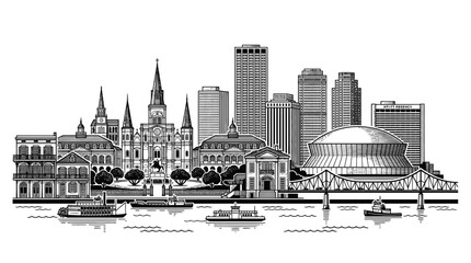 Fototapeta premium New Orleans Skyline Illustration with Mississippi River and Steamboats