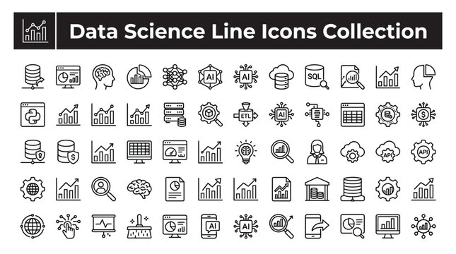Data science line icons collection set of vector linear icons for data analysis, machine learning, artificial intelligence, and big data technology
