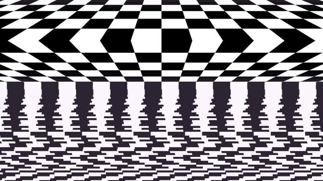 Black and white op art checkerboard pattern looping animation with glitch distortion effect
