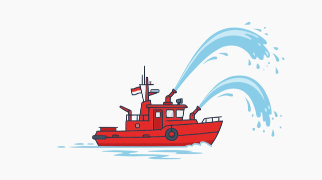 Bright Red Fireboat Spraying Water Arches Isolated on White Background
