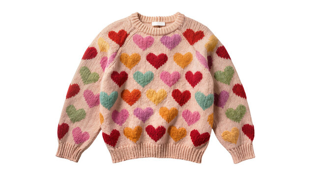 Pink knitted sweater with colorful heart pattern