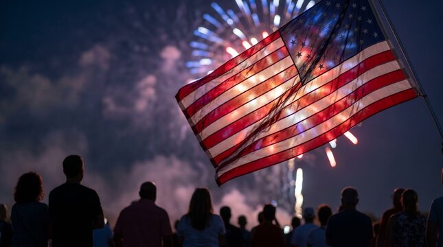 Crowd watching fireworks display with American flag in foreground  
