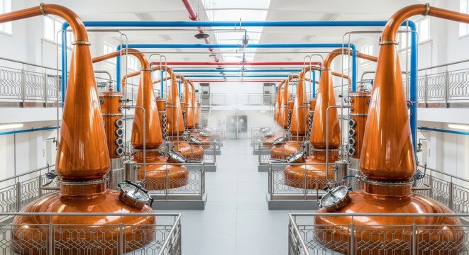 Rows of Shining Copper Pot Stills in Modern Distillery