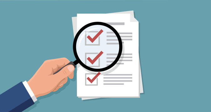 hand holding magnifying glass over checklist document vector illustration