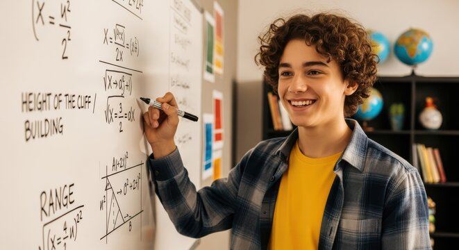 Teenage Student Writes Math Equations on Whiteboard, Smiling