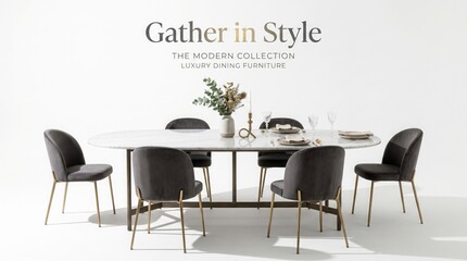 Fototapeta premium Luxury dining furniture with modern gray chairs and marble table top for elegant gatherings