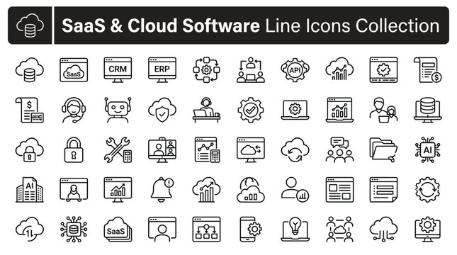 Saas and cloud software line icons collection set of web development, cloud computing, data analysis, and business management vector symbols