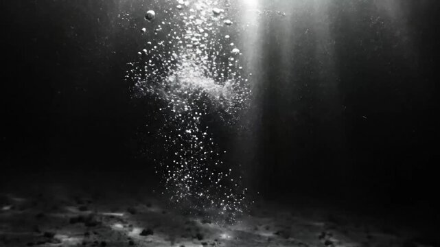 Black and white underwater view with light rays and ascending bubbles in a dark ocean scene