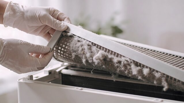 Close up of hands in white gloves removing a very dirty air conditioner filter covered in thick dust and lint for cleaning and home appliance maintenance