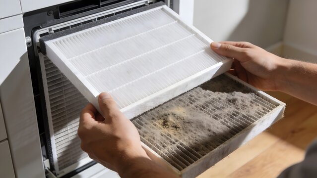 Man changing dirty air purifier filter covered in thick dust and lint to a new clean white HEPA filter for better indoor air quality and home appliance maintenance
