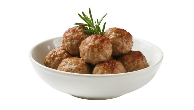 Bowl of cooked meatballs with rosemary sprig