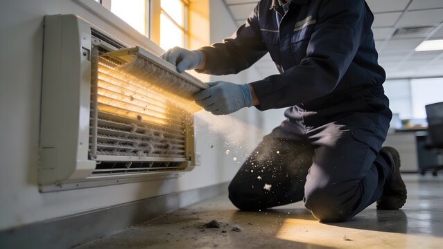 HVAC technician kneeling to replace a dirty office air conditioner filter with dust particles floating in the warm sunlight for maintenance and indoor air quality