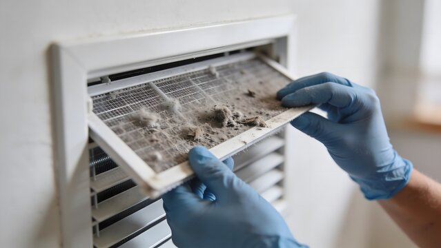 Close up of hands in blue gloves pulling out a dirty wall ventilation filter covered in thick dust clods and lint for residential hvac cleaning and maintenance