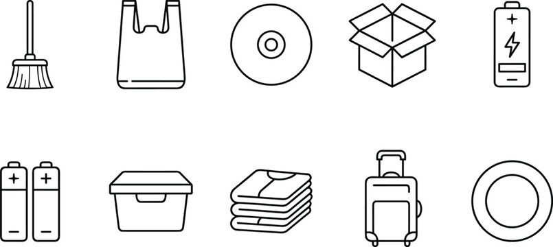 Set of objects icons like broom, plastic bag, cd, box, battery, and suitcase.