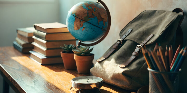 Desk with globe, books, plants, clock, backpack and pencils in study room.
