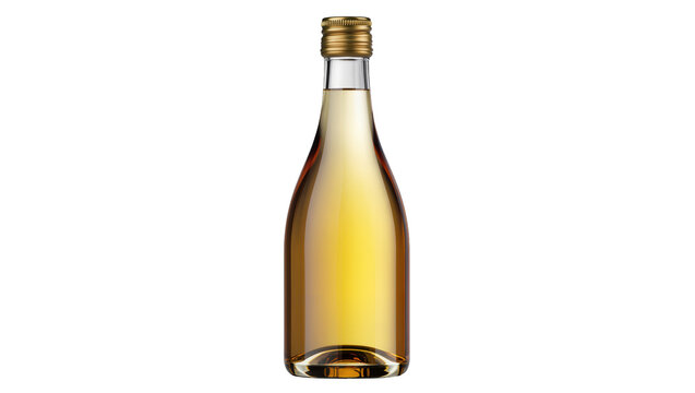 Glass bottle with golden liquid and metal cap