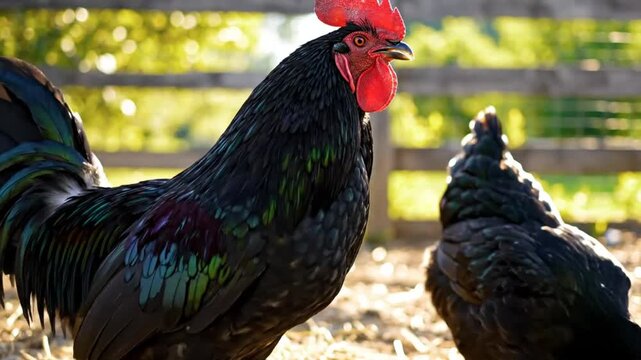 Beautiful close-up of a proud rooster crowing on a sunny day with a hen in the background of their rural farm yard