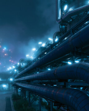 Industrial pipes glow under night's cold light. Steel structures stretch upward, lit by artificial glow. Mist curls around pipes, adding mystery to the scene
