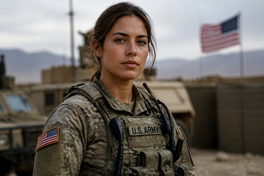 U.s. army soldier standing alert outside base with flag