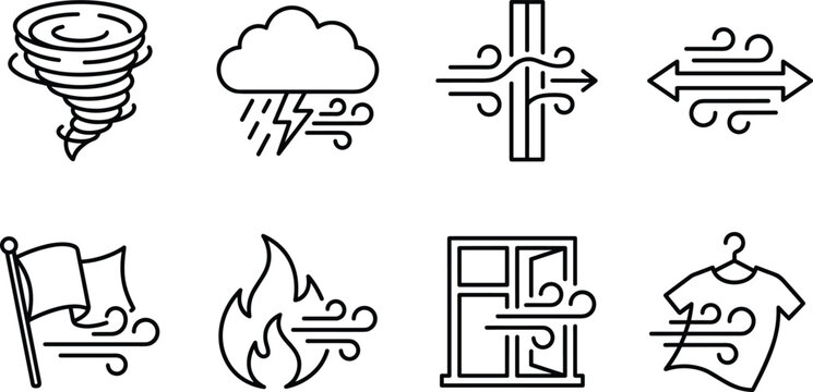 Weather and climate line icons set featuring storm tornado wind rain fire and climate related weather symbols.