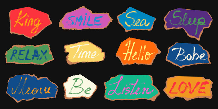 Scrapbook torn paper stickers vector set. Funky 70s groovy lettering text labels. Grunge Y2k retrowave text labels. Positive phrases and playful funky words tags.