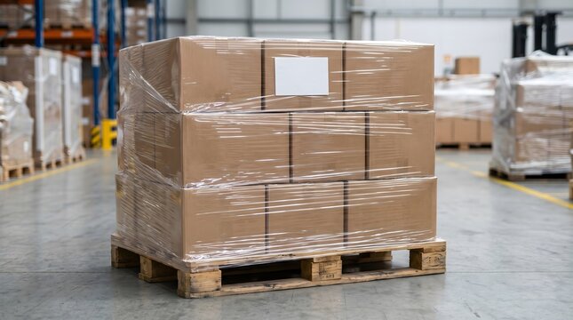 Logistics, Shipping, Shrink Wrapped Cardboard Boxes With Blank Label On Wooden Pallet. tightly plastic-wrapped brown cartons on a pine base