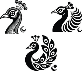 Obraz premium Black peacock, peacock head, vector icons, 3 illustrations, bird symbols