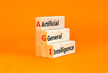 Naklejka premium AGI artificial general intelligence symbol. Concept words AGI artificial general intelligence on beautiful wooden blocks. Beautiful orange background. Business AGI general concept. Copy space.