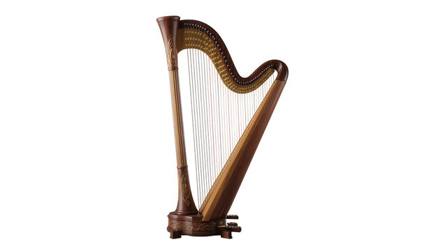 Ornate wooden harp with many strings and decorative carvings