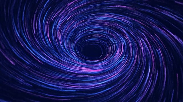 Abstract swirling vortex of blue and purple light streaks, dark background