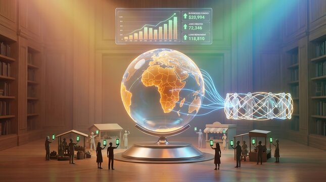 Financial Inclusion Concept 3D Render, Global World Map Showing Mobile Banking Expansion