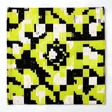 Knitted surface, pixelated square motifs, rhythmic repeat of blocks, color palette: acid yellow, cyber lime, black and titanium white, intricate jacquard weaving technique, flat lay, direct overhead s