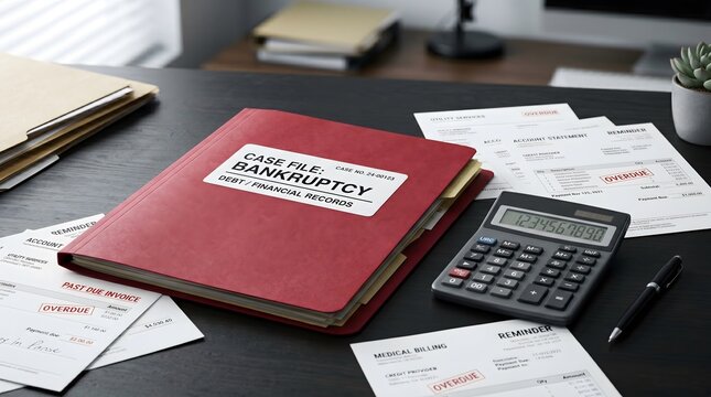 Financial, Debt, Red Bankruptcy Case File Folder with Calculator and Unpaid Bills. a crimson manila folder with a prominent label next 