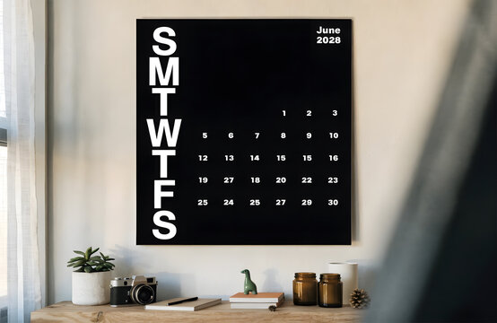 Black wall calendar with june twenty twenty eight schedule hanging in minimalist office.