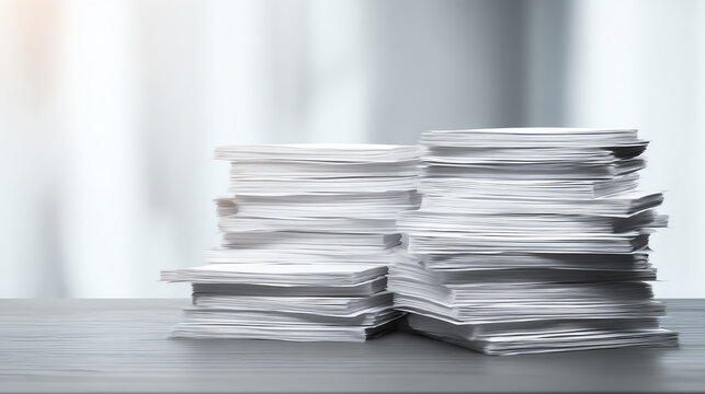 A chaotic stack of paper documents on a desk, symbolizing disorganization and the need for efficient document management.