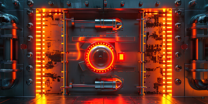 Futuristic industrial vault door glowing with intense orange light, hinting at hidden secrets.