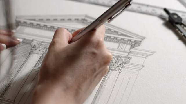 Architectural drawing of neoclassical building with pencil