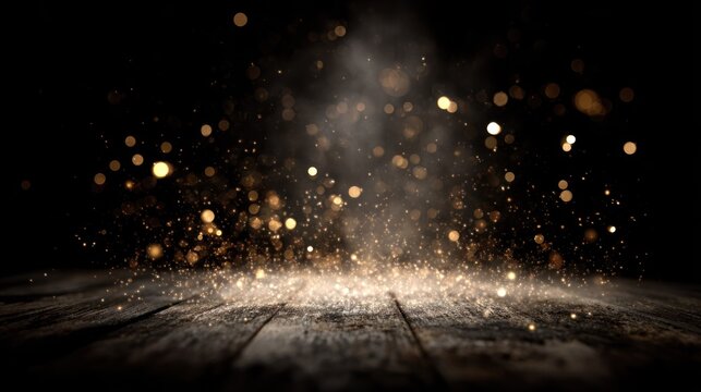 Golden glowing particles erupt upwards from a dark wooden surface in a theatrical setting