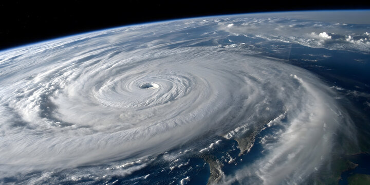 Massive hurricane swirling over ocean viewed from space earth with clouds.