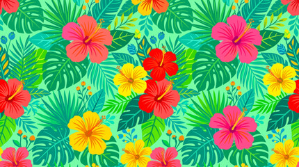 Vibrant Tropical Hibiscus Flower Pattern Seamless Background. © zxnakwkwown