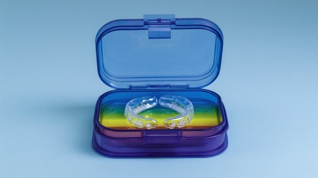 Clear dental appliance rests inside a translucent blue protective case with a colorful base.