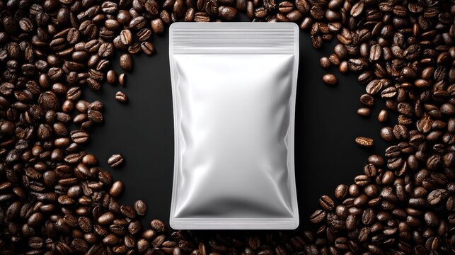 Blank silver stand-up pouch packaging rests on a field of dark roasted coffee beans
