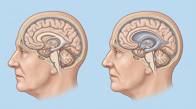Medical illustration comparing normal and enlarged brain ventricles in an elderly male head cross section
