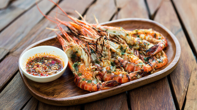 high fidelity food photography of thai grilled river prawns