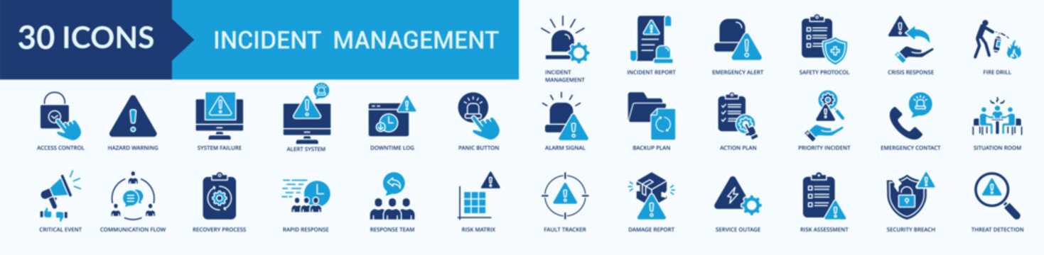 Incident Management Icon Set Flat Blue Style Illustration Vector