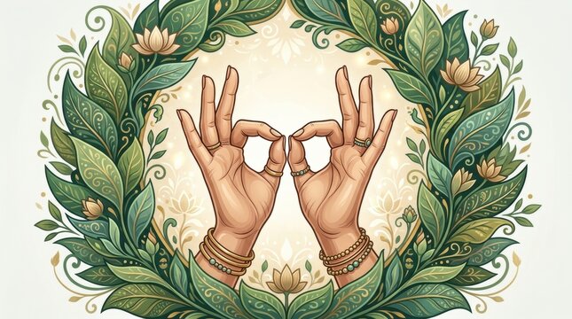 Fingers form mudra gesture framed by ornate green leaves and soft floral pattern symbolizing peace and growth.